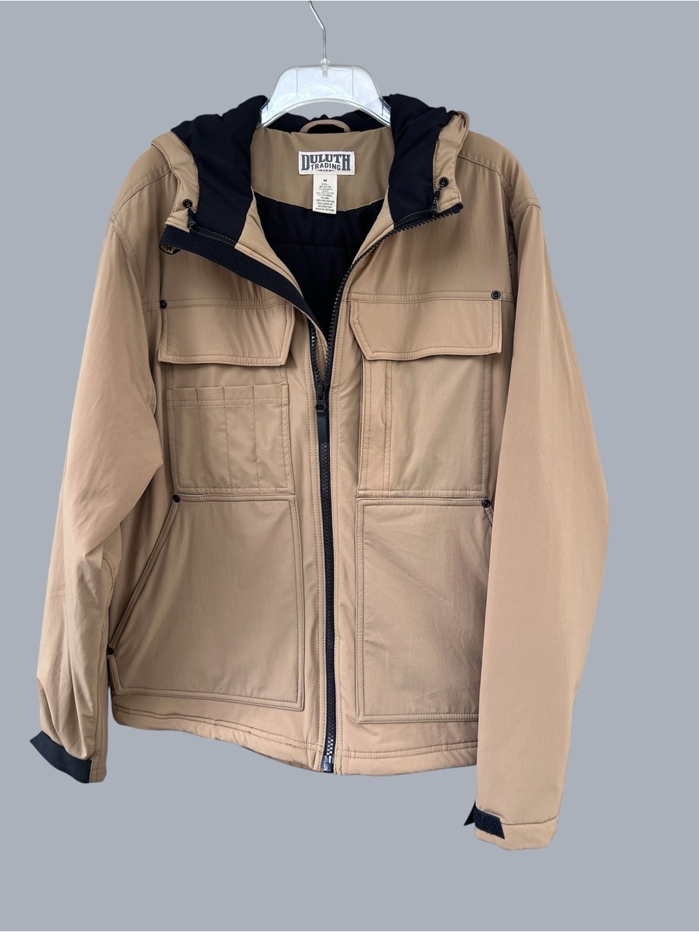 Men’s Duluth Trading Co Tan Hooded Field Coat with Black Lining ~ Medium